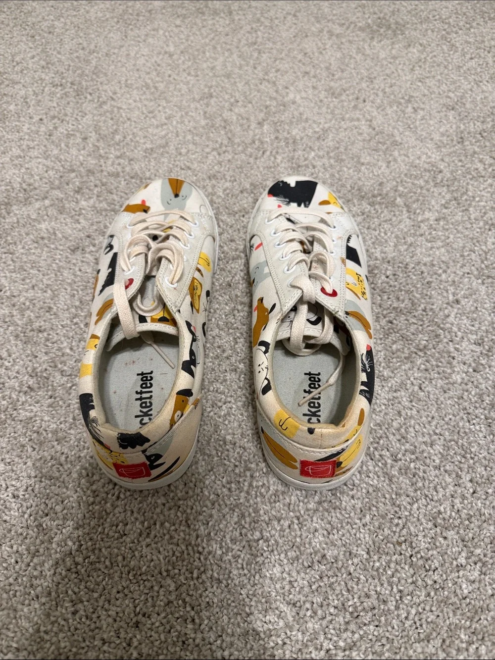 Bucket Feet White Sneakers with Black, Yellow and Gray Dog Print